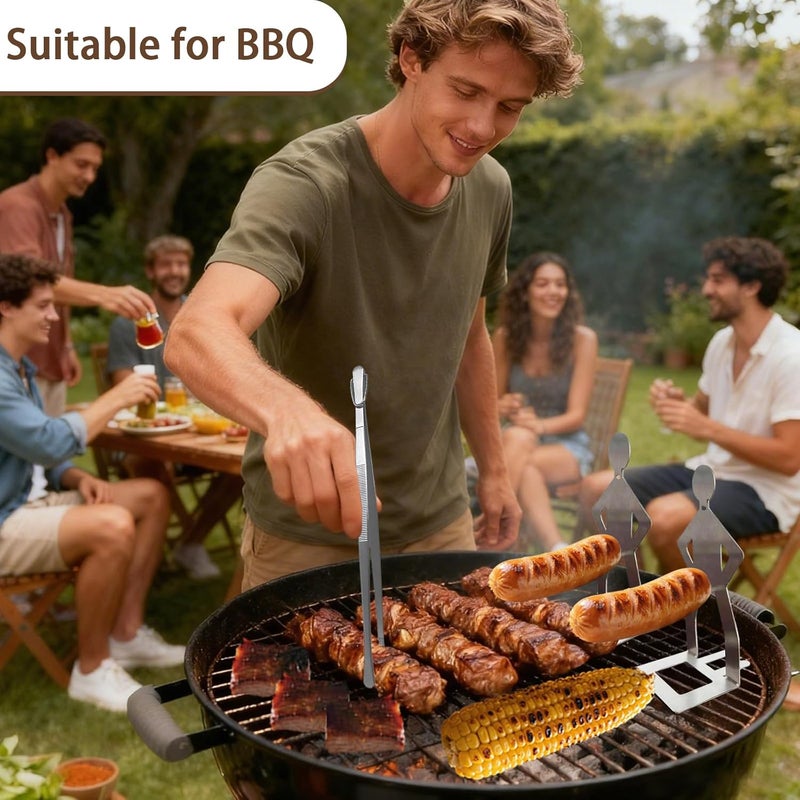 BADAO 2 PCS Funny BBQ Stand Hot Dog Holder with Fine Long Rounded Tips Tweezer Tongs,Portable Hot Dog Roaster,Reusable Stainless Steel Cooking Kit for Kitchen,BBQ,Plating,Serving,Grill Accessories - Image 2